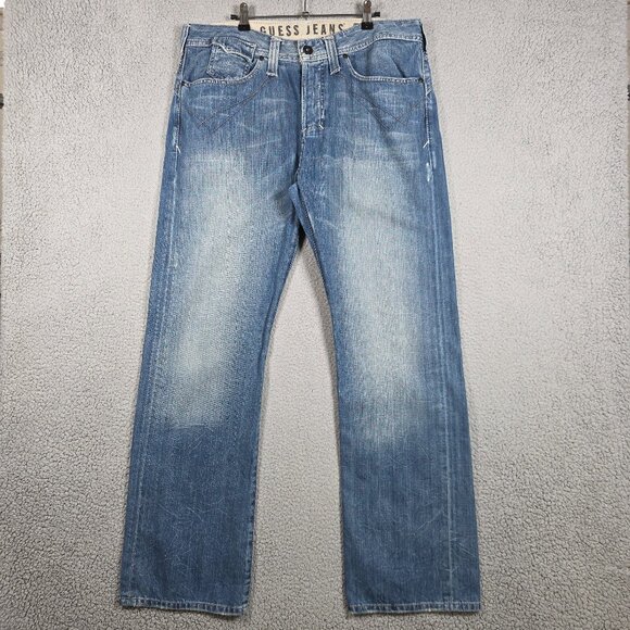 Vintage Guess Jeans Mens Size 36 Light Wash Straight Fit Flap Pockets Fade Y2K - Picture 1 of 13